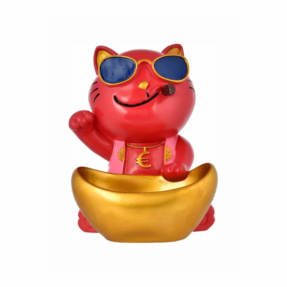 Cool Cat Showpiece with Sunglasses and Golden Bowl for Home Decor | Resin Gift Item for Diwali Housewarming Desk Display Organizer - Riserra