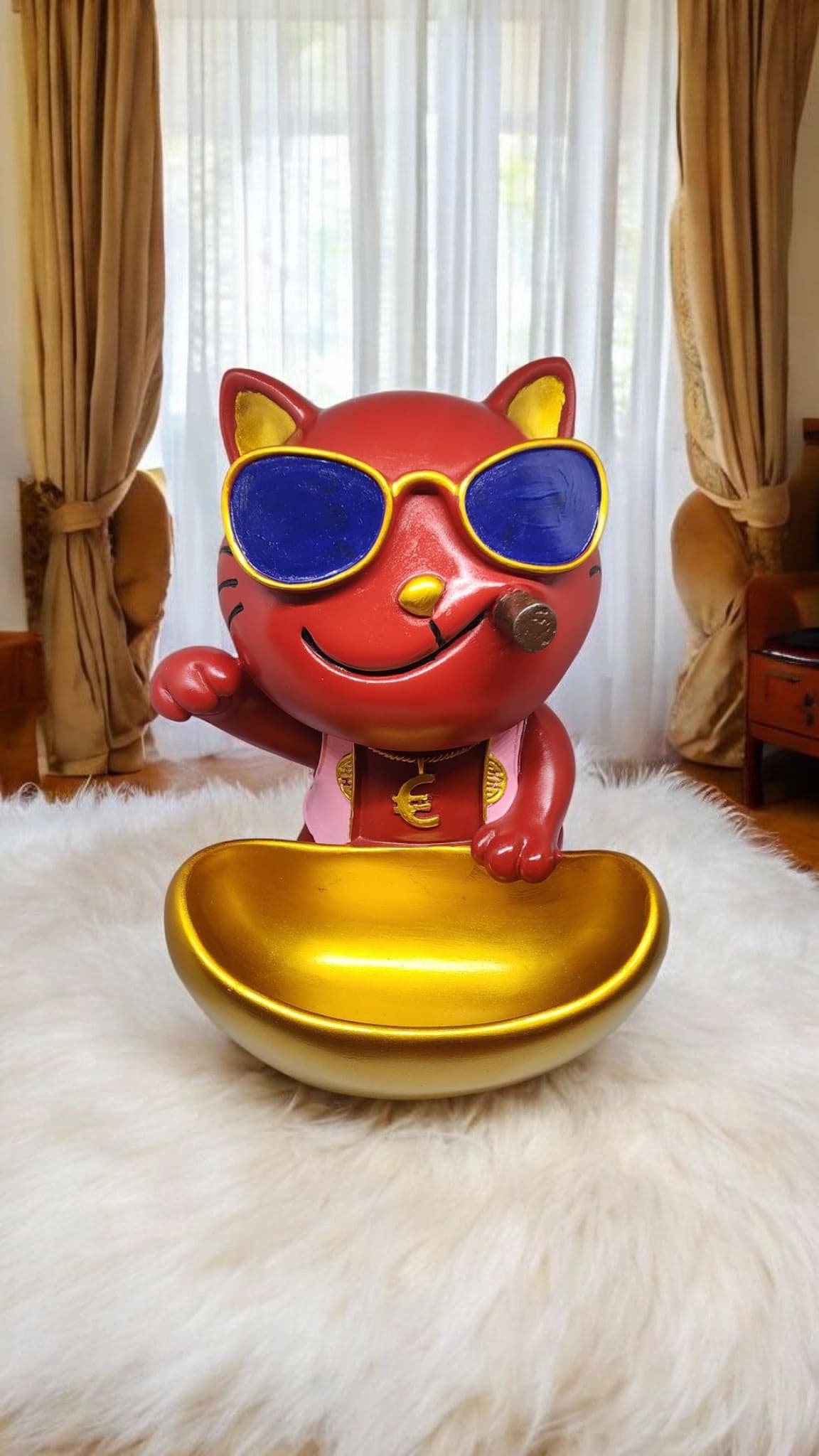 Cool Cat Showpiece with Sunglasses and Golden Bowl for Home Decor | Resin Gift Item for Diwali Housewarming Desk Display Organizer - Riserra