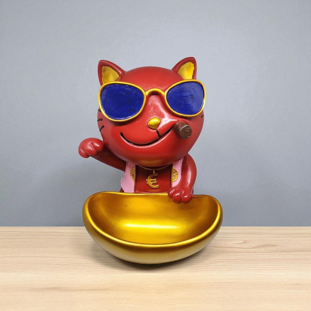 Cool Cat Showpiece with Sunglasses and Golden Bowl for Home Decor | Resin Gift Item for Diwali Housewarming Desk Display Organizer - Riserra
