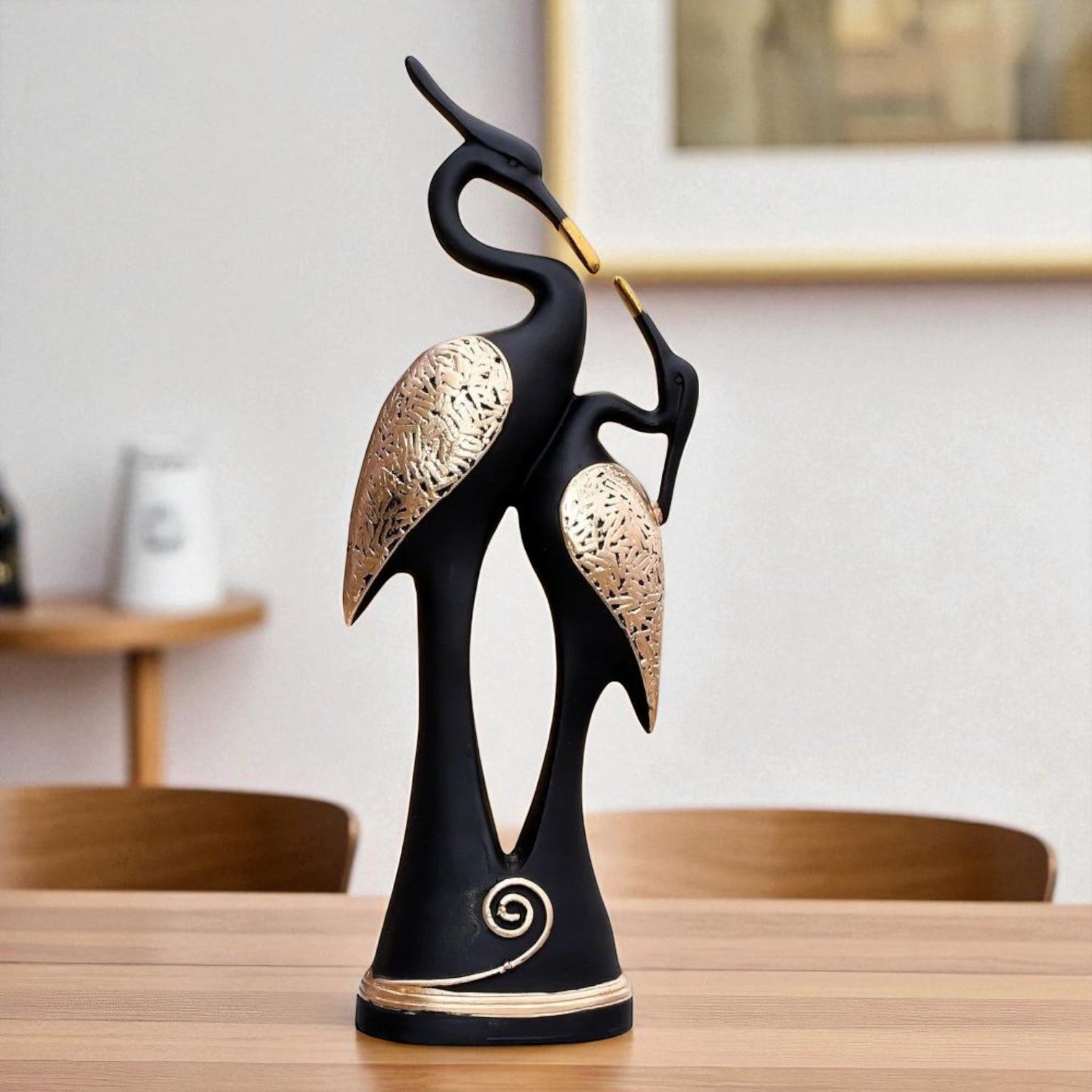 Crane Couple Showpiece for Home Decor | Black and Gold Polyresin Bird Statue for Table Shelf Wedding Gift Accent - Riserra