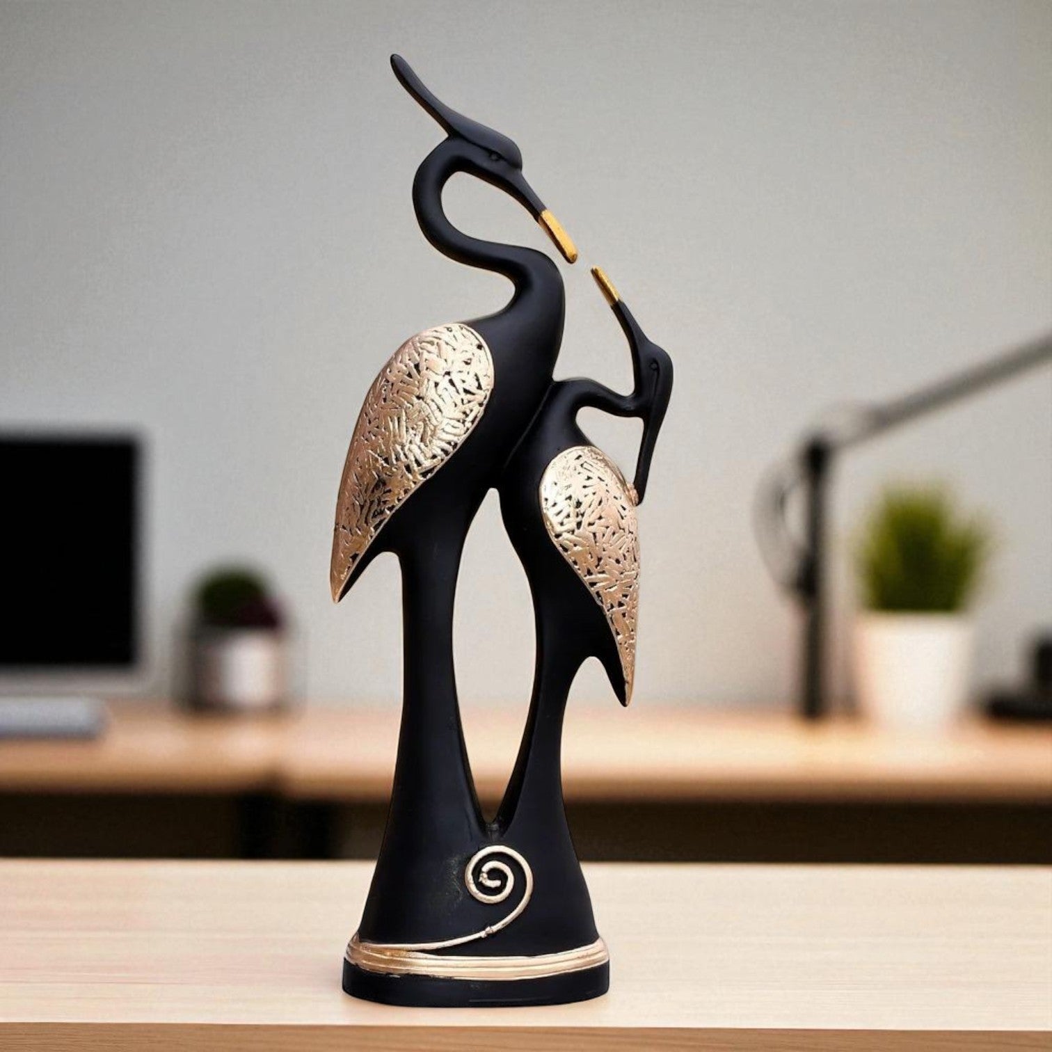 Crane Couple Showpiece for Home Decor | Black and Gold Polyresin Bird Statue for Table Shelf Wedding Gift Accent - Riserra