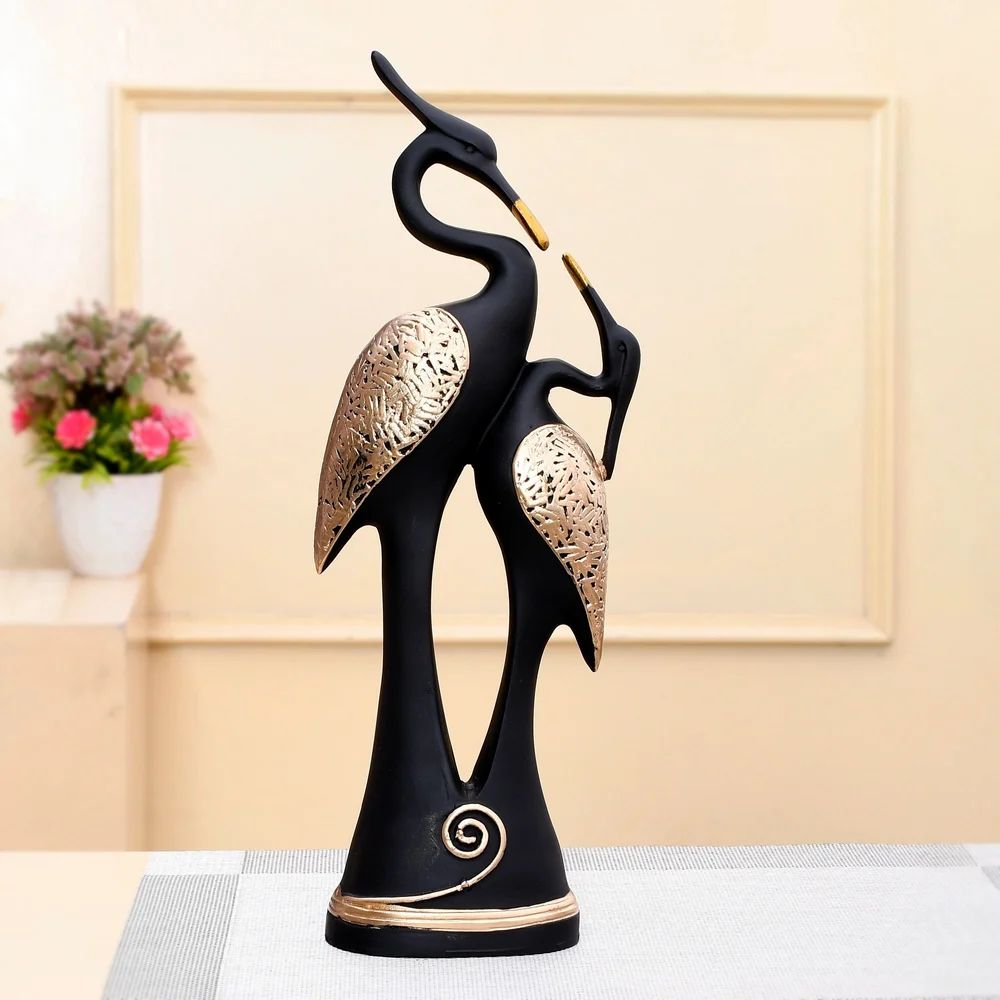 Crane Couple Showpiece for Home Decor | Black and Gold Polyresin Bird Statue for Table Shelf Wedding Gift Accent - Riserra
