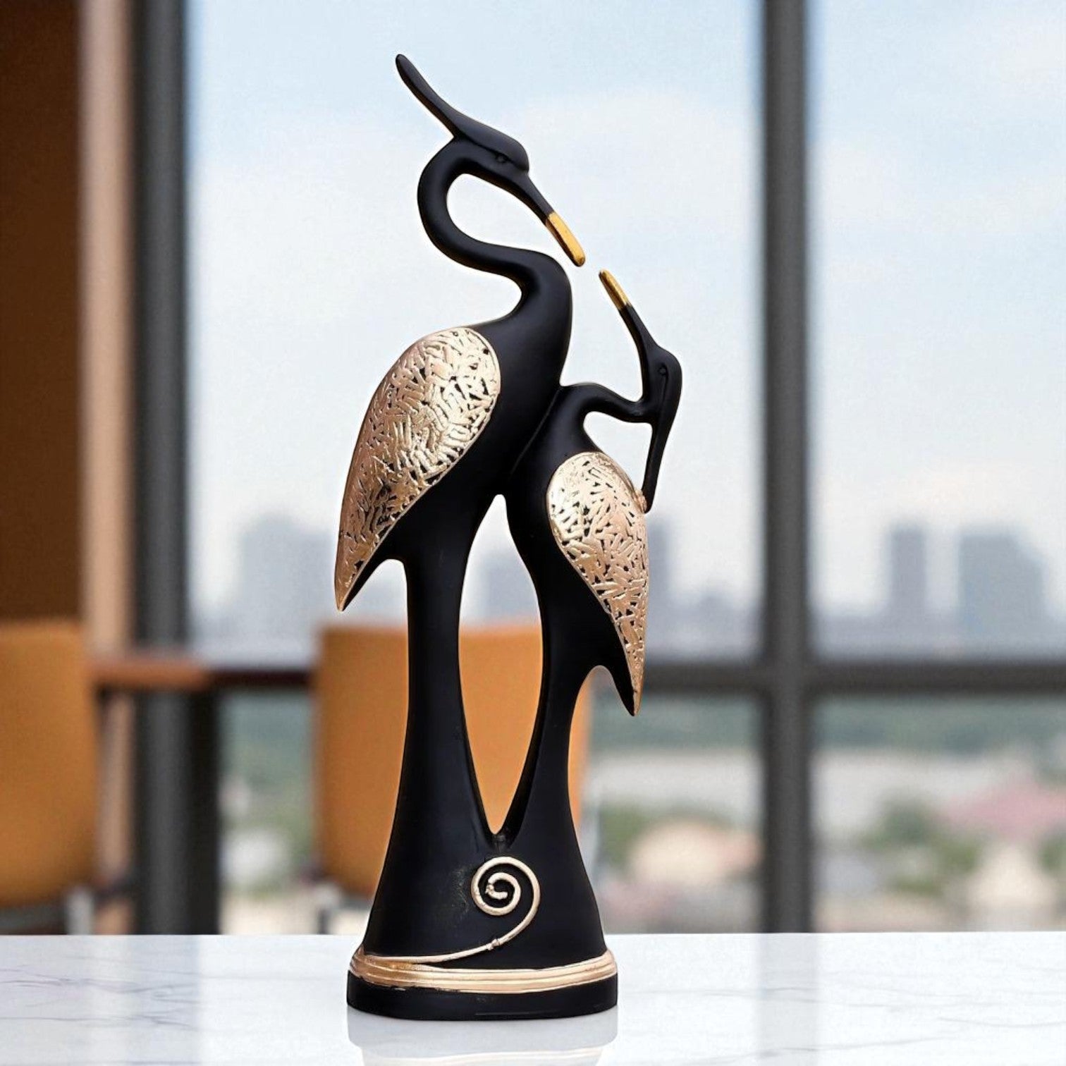Crane Couple Showpiece for Home Decor | Black and Gold Polyresin Bird Statue for Table Shelf Wedding Gift Accent - Riserra