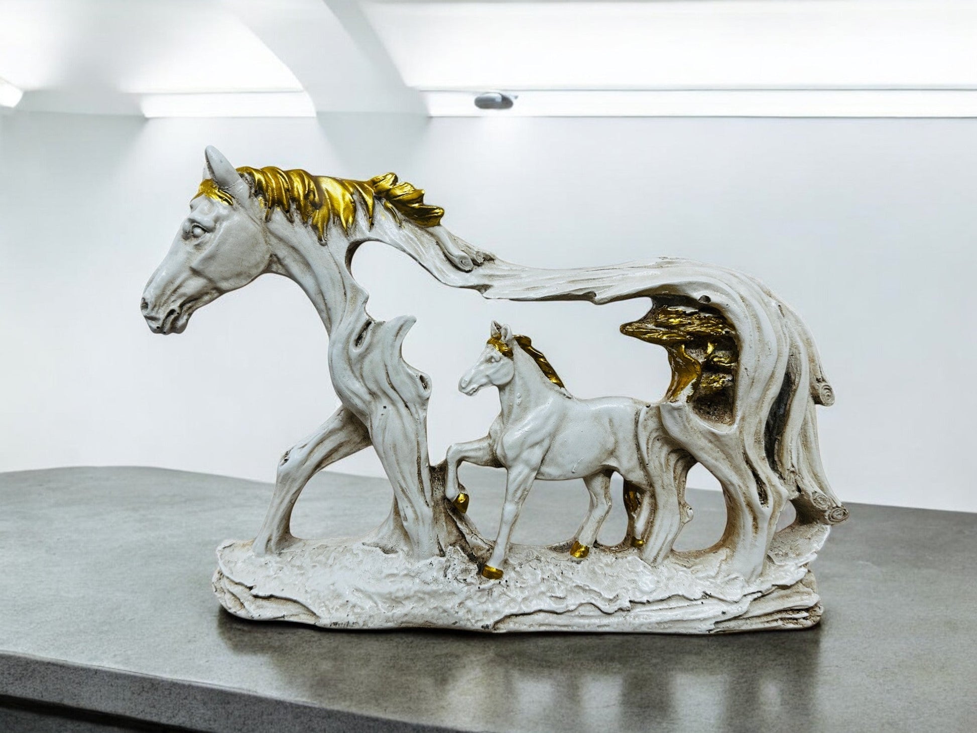 Horse and Foal Wall/Table Decor – Dual - Purpose Polyresin Sculpture with Gold Accents – Decorative Animal Figurine for Living Room, Hallway, or Entryway - Riserra