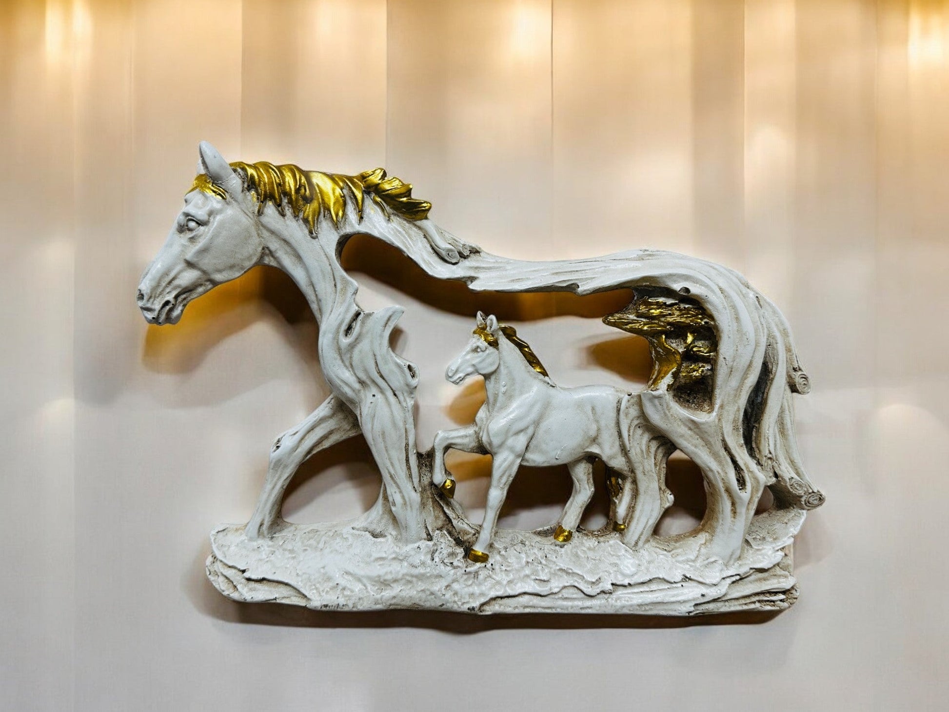 Horse and Foal Wall/Table Decor – Dual - Purpose Polyresin Sculpture with Gold Accents – Decorative Animal Figurine for Living Room, Hallway, or Entryway - Riserra