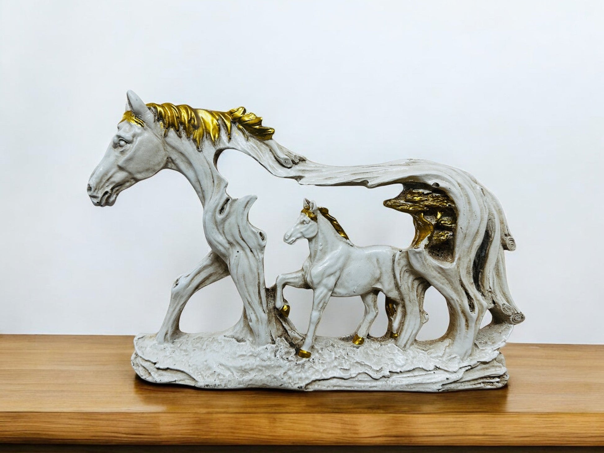 Horse and Foal Wall/Table Decor – Dual - Purpose Polyresin Sculpture with Gold Accents – Decorative Animal Figurine for Living Room, Hallway, or Entryway - Riserra