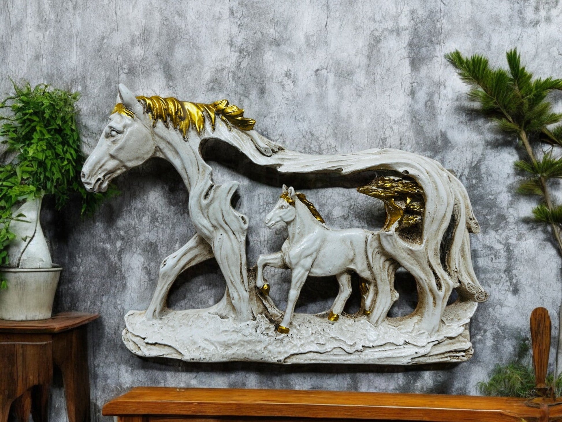 Horse and Foal Wall/Table Decor – Dual - Purpose Polyresin Sculpture with Gold Accents – Decorative Animal Figurine for Living Room, Hallway, or Entryway - Riserra