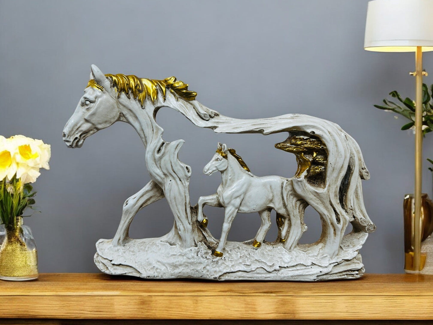 Horse and Foal Wall/Table Decor – Dual - Purpose Polyresin Sculpture with Gold Accents – Decorative Animal Figurine for Living Room, Hallway, or Entryway - Riserra