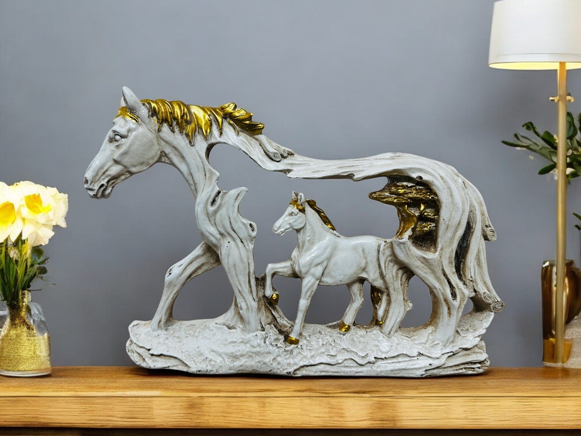 Horse and Foal Wall/Table Decor – Dual - Purpose Polyresin Sculpture with Gold Accents – Decorative Animal Figurine for Living Room, Hallway, or Entryway - Riserra