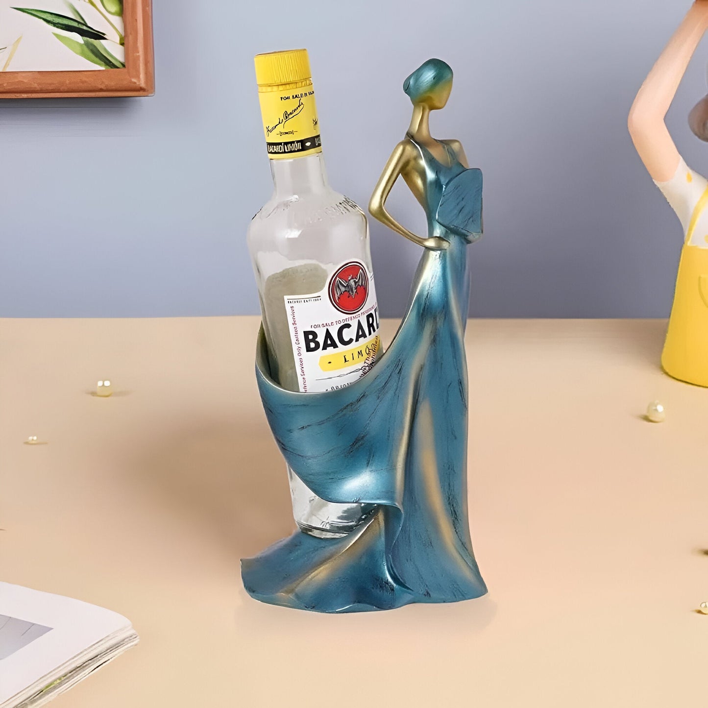 Lady Bottle Holder Showpiece for Home Bar Decor | Polyresin Wine Stand for Table Countertop Gift Display Accent - Riserra