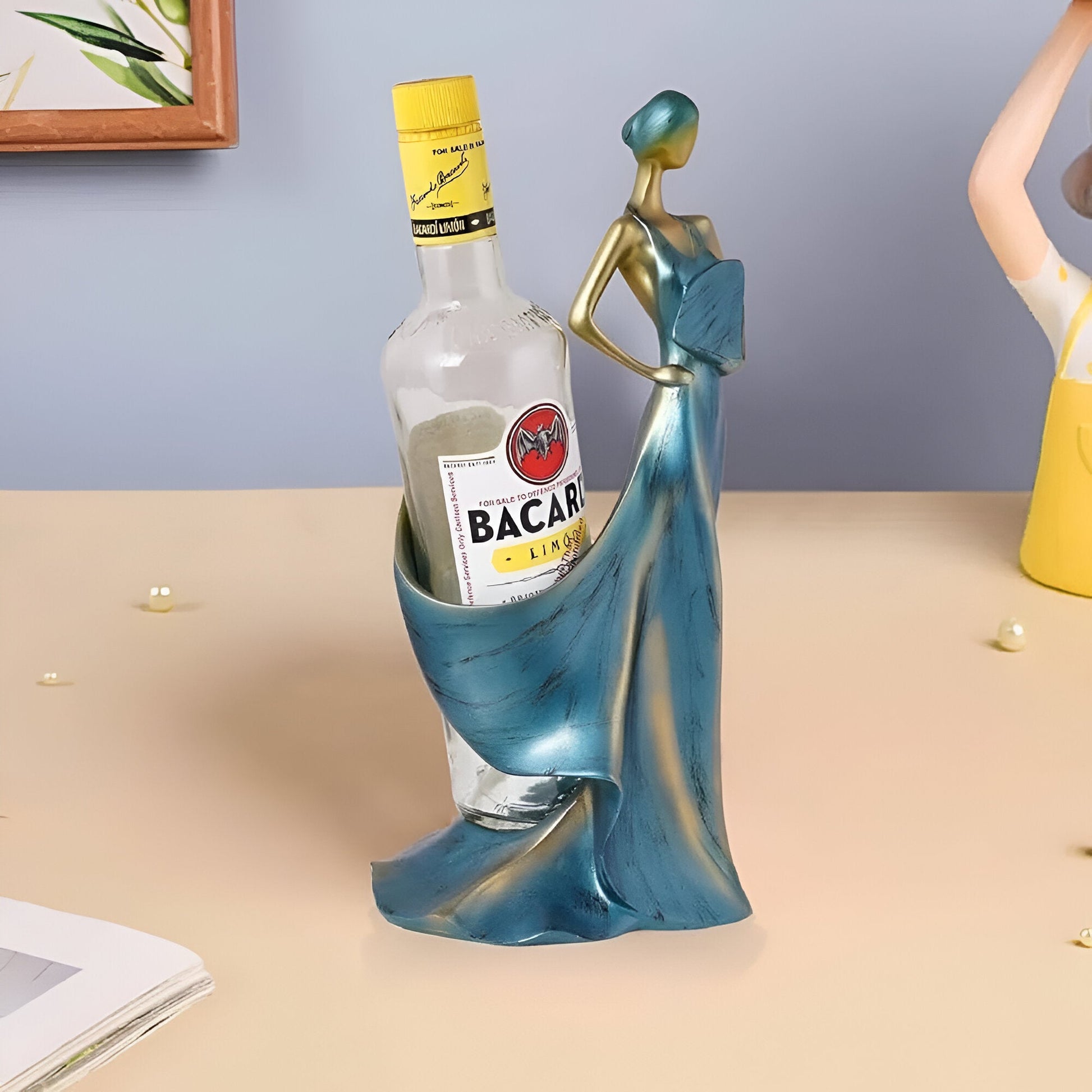 Lady Bottle Holder Showpiece for Home Bar Decor | Polyresin Wine Stand for Table Countertop Gift Display Accent - Riserra