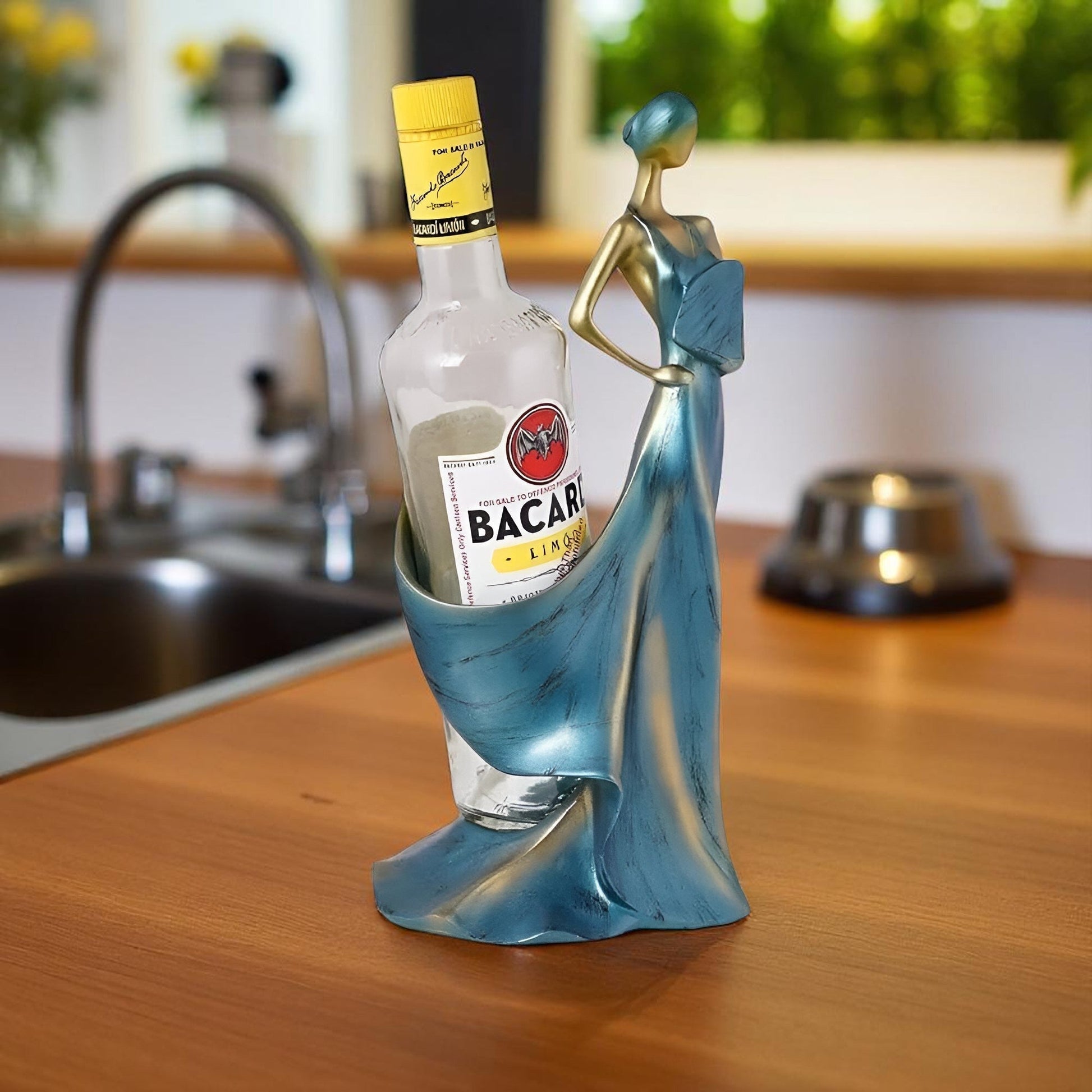 Lady Bottle Holder Showpiece for Home Bar Decor | Polyresin Wine Stand for Table Countertop Gift Display Accent - Riserra