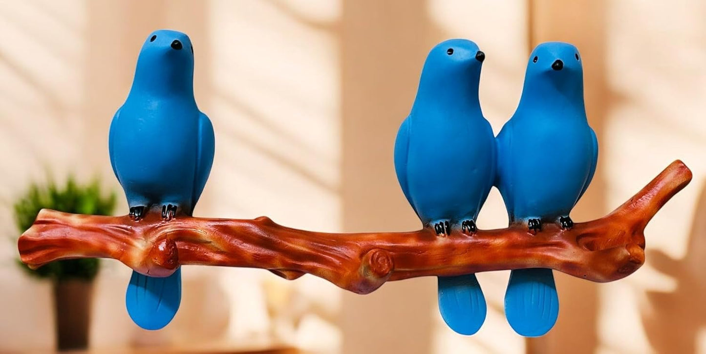 Wall Hanging Blue Bird Sculpture – Polyresin Decorative Art with 3 Birds on Branch – Cheerful Wall Accent for Living Room, Balcony, or Nursery - Riserra